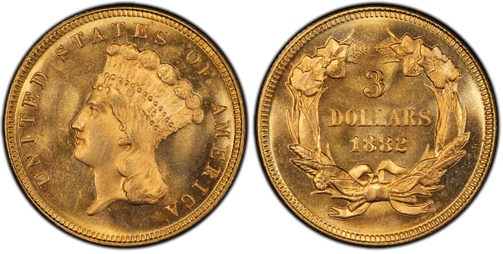 1882 Three-Dollar Gold Piece. MS-66+ (PCGS).
